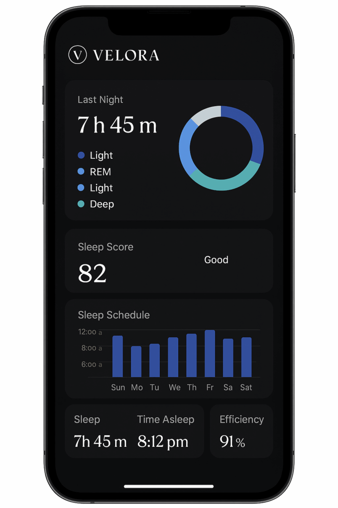 a phone showing the dashboard of the Velora app