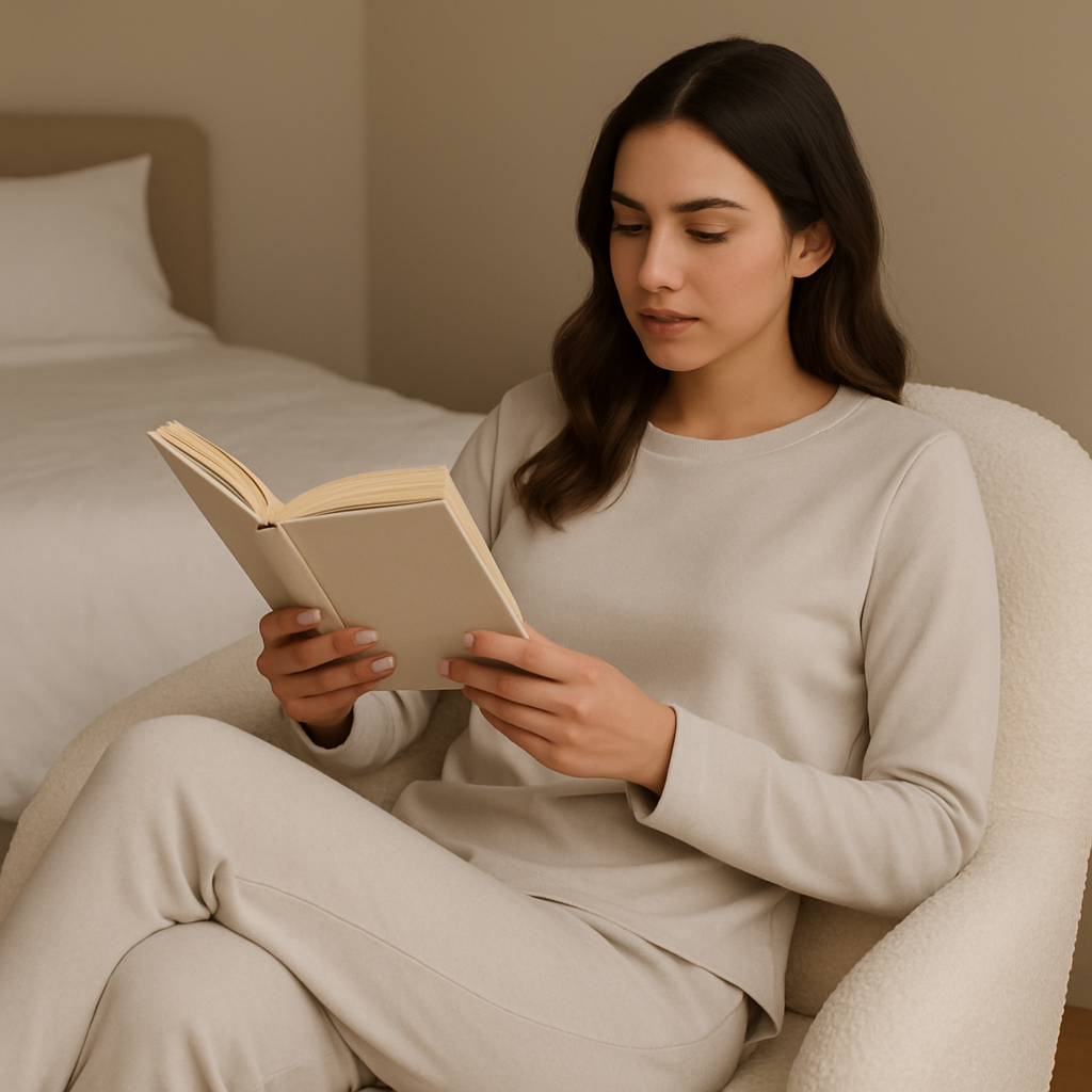 Model wearing cloud set luxury sleepwear in ivory