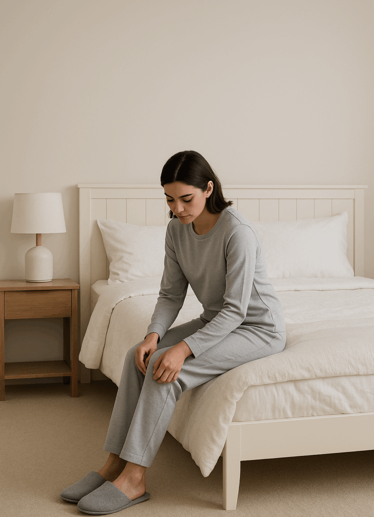 girl sitting in grey luxury cloudset sleepwear