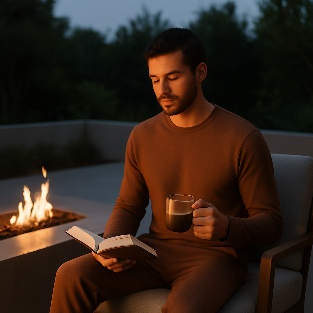 male sitting in his luxury Cloudset outside by the fireplace