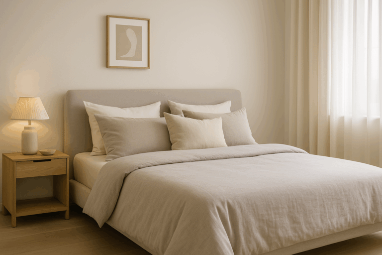 LumaCool cooling smart pillowcase placed on a neatly made bed in a modern, minimalist bedroom
