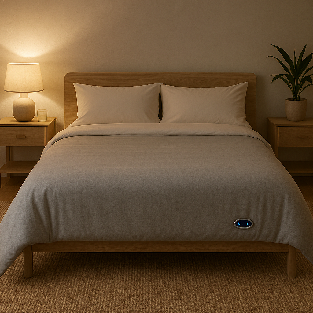 DriftLayer folded on a modern bed – luxury sleep tech bedding